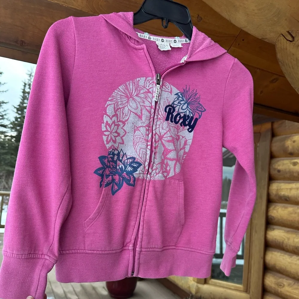 Y2K Roxy Girl 10-12 Youth Zip Hoodie Pink Surf Skate Graphic Boxy Sweatshirt